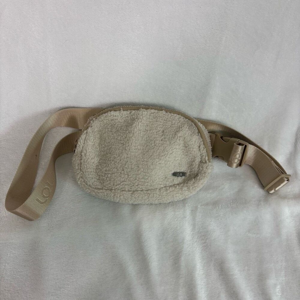 Lole Cream Sherpa with Tan Strap Fanny Pack Belt Bag